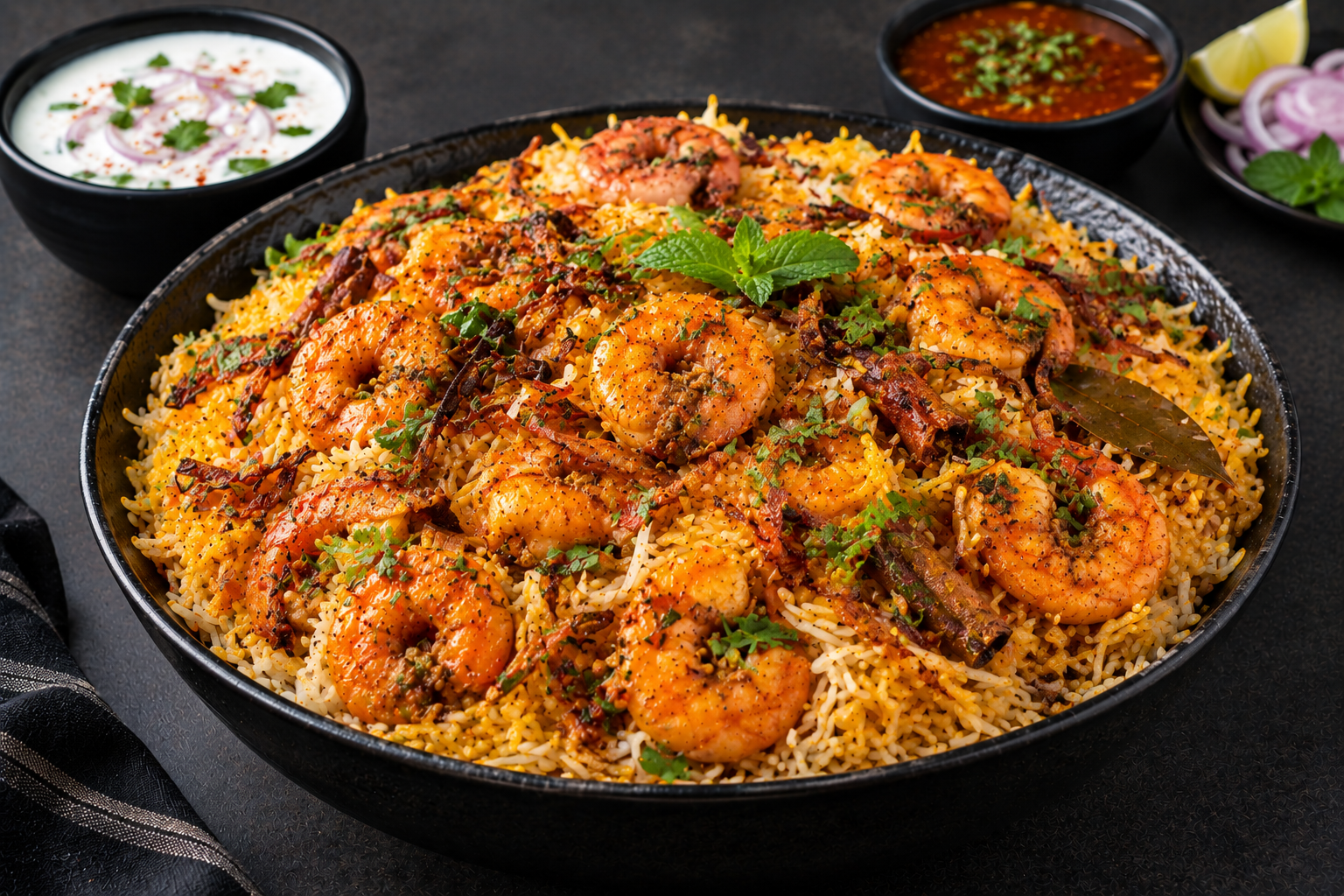 Prawn Biryani Feast with Fresh Garnishes Prawn Biryani - Image 1